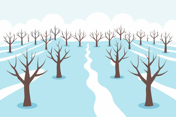 wintery orchard with rows of leafless trees 