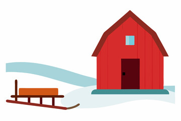 wooden sled leaning against a snowy barn wall 