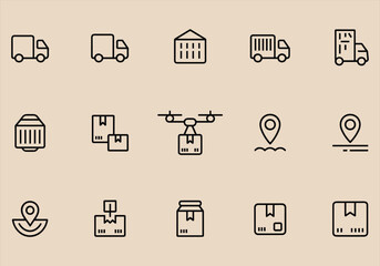 Vector illustration of delivery and logistics icons in line style - delivery, logistics, icons, vector, truck, warehouse, drone, package, location, shipping.