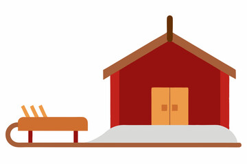 wooden sled leaning against a snowy barn wall 