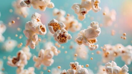 An array of popcorn kernels floating in mid-air, showcasing their quirky shapes against a soft, colorful background that evokes a sense of fun and excitement.