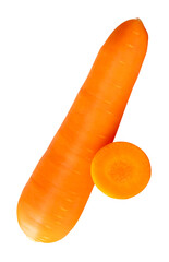 Side view of one fresh orange carrot root with slice in circle in stack isolated on white background with clipping path