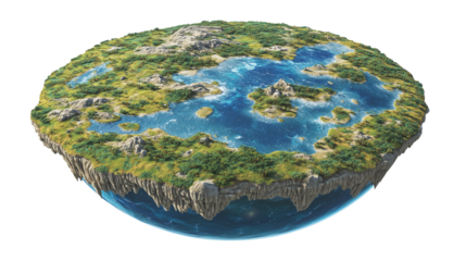 Flat Earth with lakes and rocky terrain isolated on white background for game design, concept art, and imaginative world building