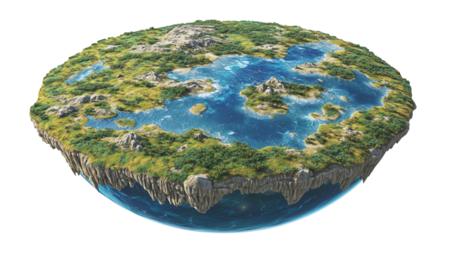 Flat Earth with lakes and rocky terrain isolated on white background for game design, concept art, and imaginative world building
