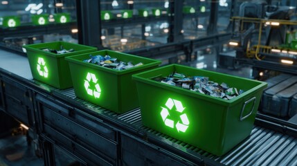 Industrial recycling facility with large green bins on conveyor belt, prominently marked with glowing white recycling symbols, filled with crumpled paper and discarded packaging. Dimly-lit expansive i
