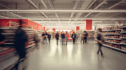 Blurred Motion of Shoppers Walking Through Modern Red-Branded Supermarket Aisle &ndash; Clean Retail Interior with Fast-Paced Movement