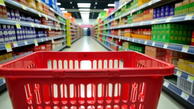a shopping cart in the grocery aisle, filled with various products. The organized shelves in the background highlight an inviting shopping experience.
