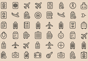 Vector illustration of travel and airport icons in outline style - travel, icons, airport, vector, luggage, airplane, passport, ticket, suitcase, travel essentials.