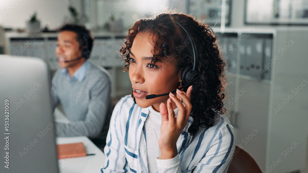 Poster microphone, computer and call center with business woman for virtual consultation, help desk and crm