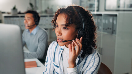 Microphone, computer and call center with business woman for virtual consultation, help desk and...