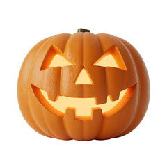 A glowing Jack O Lantern smiles ready for Halloween trick or treating on transparent background