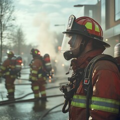 Obraz premium A Firefighter's Stare: Focused Resilience Amidst Chaos and Smoke, Courageously Facing the Flames, Ready to Serve and Protect with Team and Dedication.
