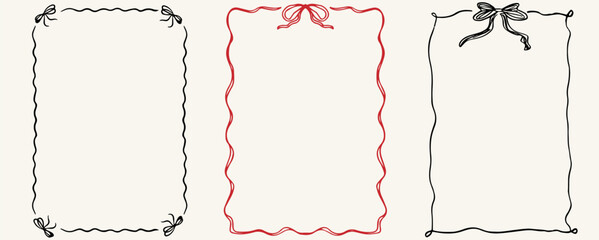Set bow frames template with space for text. Hand drawn frames with bows ribbons isolated on background. Vertical border frame 