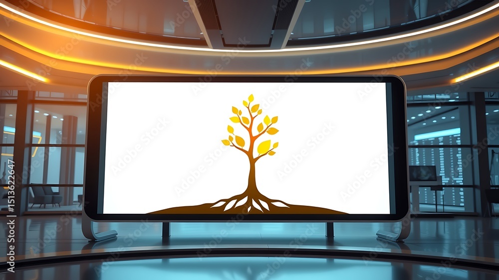 Poster modern display showing a conceptual tree representation in a futuristic office setting