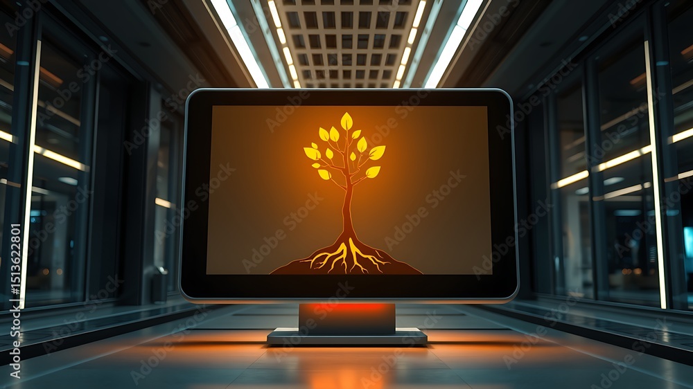 Poster illuminated tree displayed on a modern digital tablet in a futuristic technology corridor