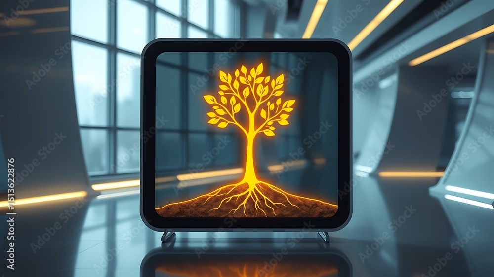 Poster modern television displaying an illuminated tree symbolizing growth and sustainability in architectu