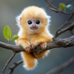 Obraz premium Captivating Portrait of a Golden Langur Baby Perched on a Tree Branch, showcasing its endearing innocence and unique golden fur. Mesmerizing eyes draw you in.