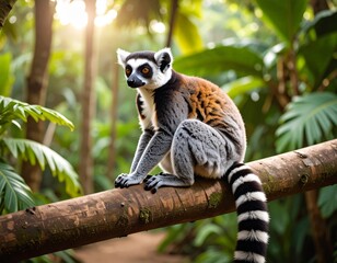 Obraz premium Ring-Tailed Lemur Sitting on Tree in Madagascar