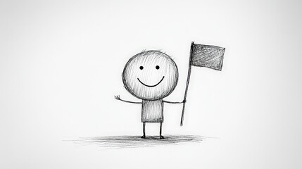 Cheerful stick figure holding flag on white background  simple sketch art for creative projects