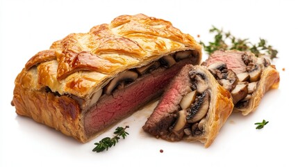 A Beef Wellington cut into individual slices, showing the layers of beef, mushrooms, and pastry, isolated on a transparent background to highlight its delicious texture