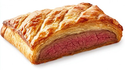 A Beef Wellington freshly sliced, showing the contrast between the crispy pastry and juicy beef, displayed on a transparent background for a high-quality presentation