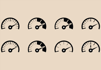 Vector illustration of speedometer icons with needles in various positions - speedometer, icons, vector, gauge, meter, dashboard, needle, speed, measurement, graphic.