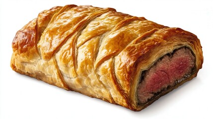 A Beef Wellington placed on a transparent background, with its rich, meaty center and flaky pastry revealing a chef's perfection in every layer