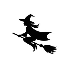 A mysterious witch silhouetted on her broomstick soaring through the night on transparent background