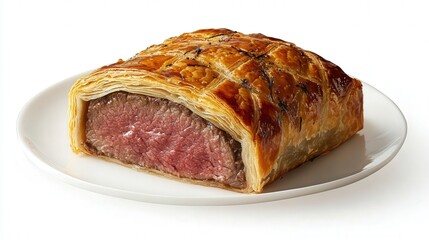 A Beef Wellington placed on a transparent background, with its rich, meaty center and flaky pastry revealing a chef's perfection in every layer