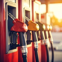 Close-up view of colorful fuel pump handles at a gas station during sunset, emphasizing refueling, transportation, and energy supply.