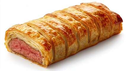 A Beef Wellington showcasing its golden pastry crust and tender beef center, sliced to reveal the delicate layers