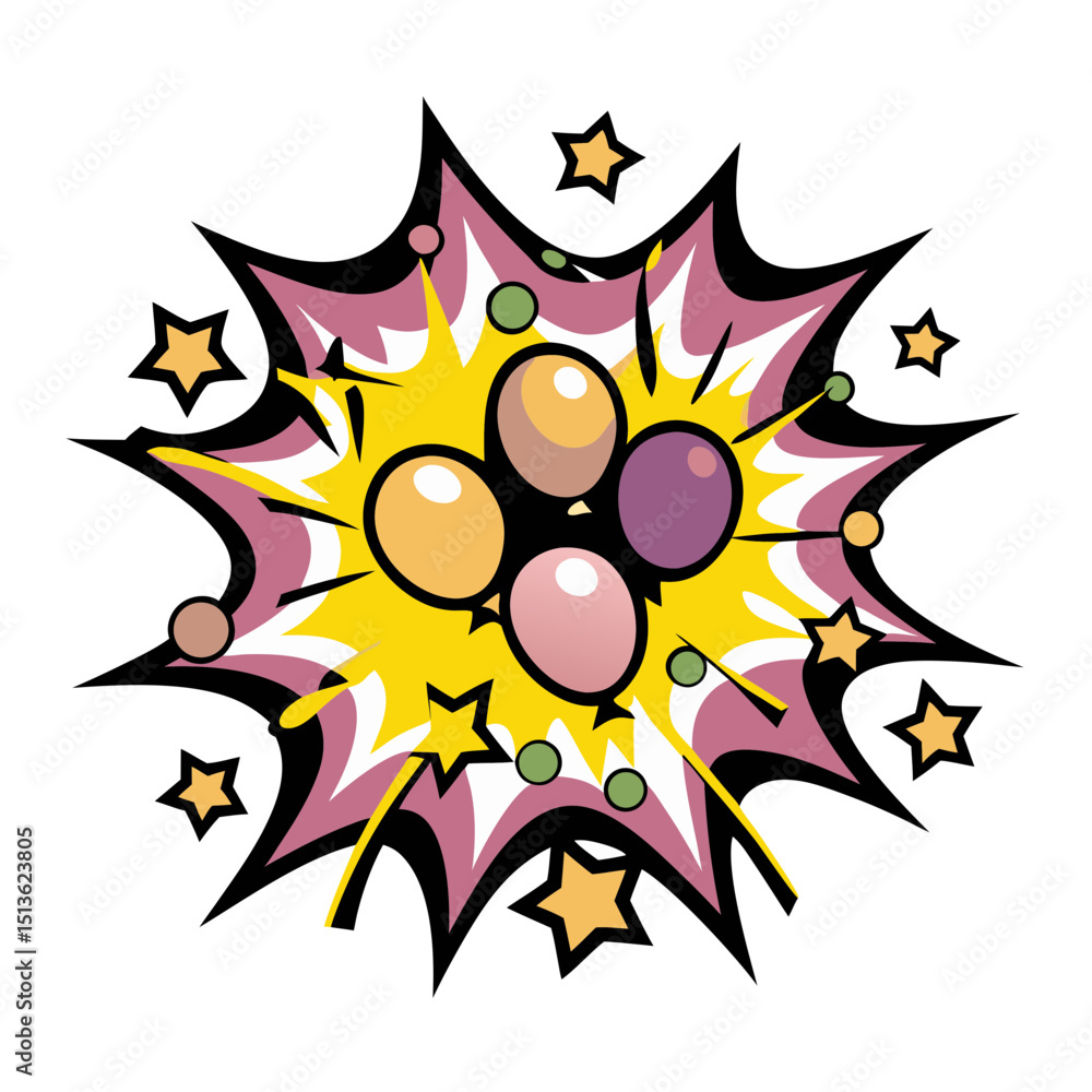 Poster vector image of balloons on flash background with stars in pop art comics style on transparent backg