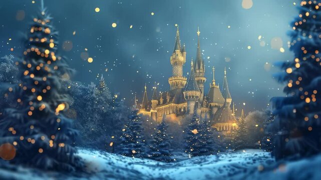 Winter wonderland with a castle, softly illuminated against a snowy forest backdrop. Falling snow and golden lights create a magical atmosphere.
