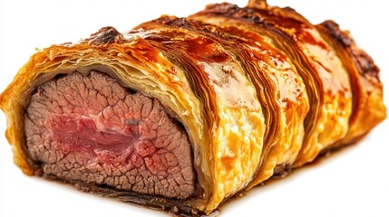 A Beef Wellington with a delicate golden-brown crust, showing a perfectly cooked beef center