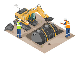 Fototapeta premium Construction workers installing underground wastewater treatment tank with excavator at building site for environmental sanitation system