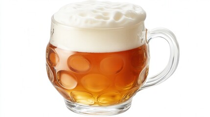 A beer mug brimming with pale lager, its foam head bubbling over gently. The transparent background accentuates the crisp