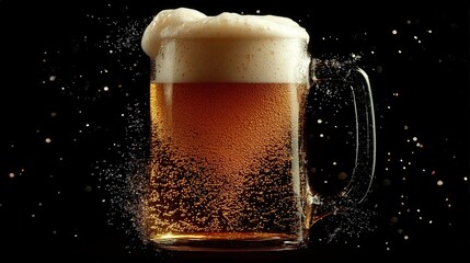A beer mug filled with frothy, golden beer and condensation on the sides. The transparent background creates a fresh and inviting visual appeal