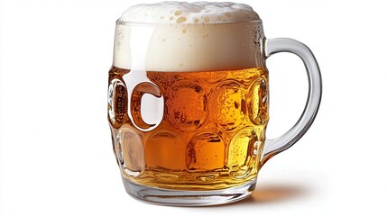 A beer mug brimming with pale lager, its foam head bubbling over gently. The transparent background accentuates the crisp