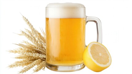 A beer mug filled with golden wheat beer, its thick foam head almost reaching the rim.