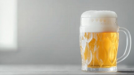 A beer mug filled with hazy golden beer, its foam head frothy and inviting.