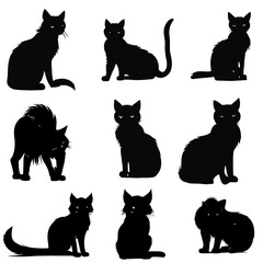 Black cat silhouettes in various poses, isolated on white background. Perfect for logos, decals, apparel design. Elegant, sleek feline figures showcasing minimalist modern art Cat silhouettes.