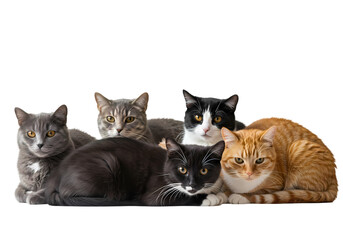 Group of Domestic Cats on White Background isolated on transparent baackground