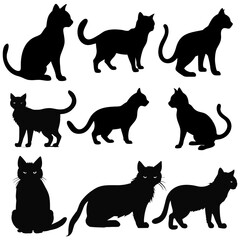 Black cat silhouettes in various poses, isolated on white background. Perfect for logos, decals, apparel design. Elegant, sleek feline figures showcasing minimalist modern art Cat silhouettes.