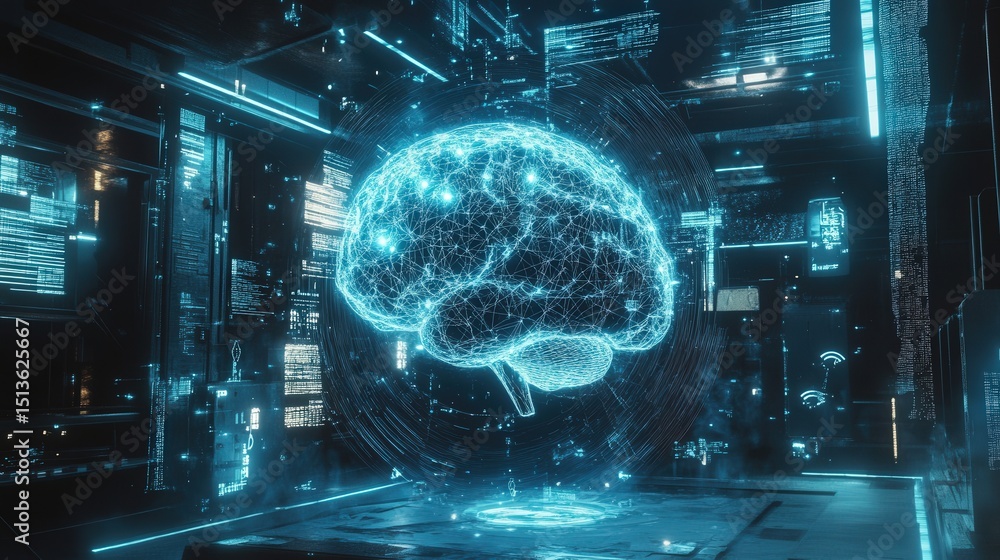 Poster a holographic projection of a digital brain, encased by glowing icons representing neural networks a