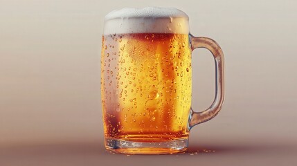 A beer mug, frothy and cold, with droplets of condensation forming on the outside.