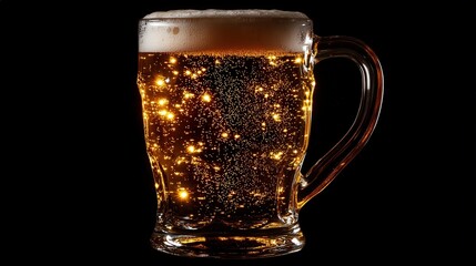 A beer mug tilted slightly, showing off the beers golden sparkle and frothy foam.