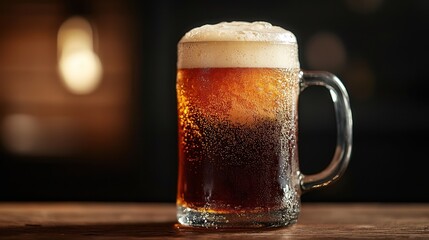 A beer mug tilted slightly, showing off the beers golden sparkle and frothy foam.