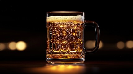 A beer mug with a sturdy handle, filled with golden ale.