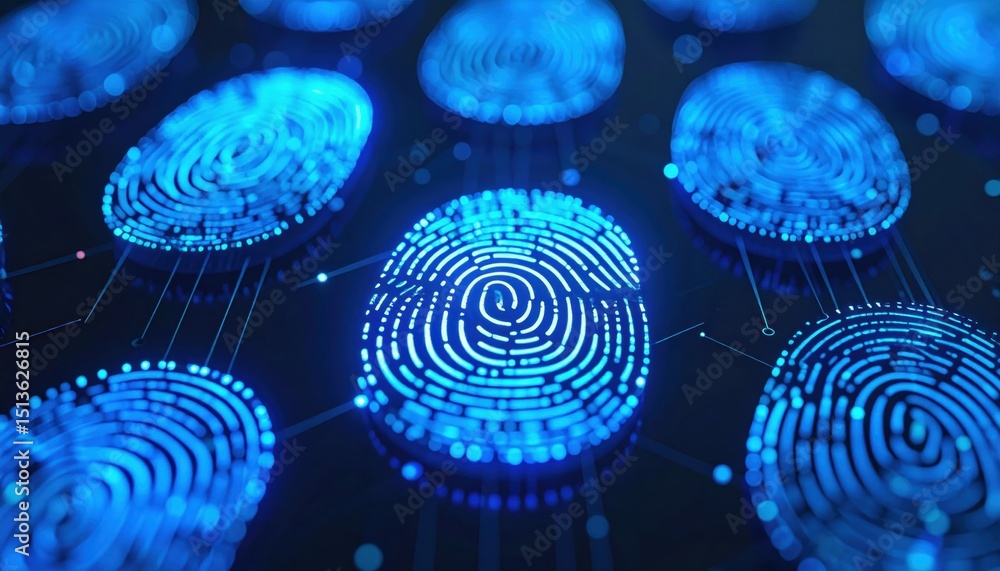 Poster glowing digital fingerprints represent biometric security and identity verification technology.