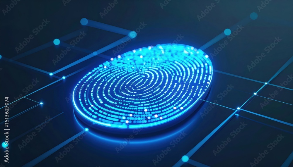 Poster a glowing digital fingerprint symbolizes biometric security and identity authentication in a futuris